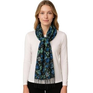 Womens Floral Print Scarf Black Blue White Lightweight with Fringe One Size‎